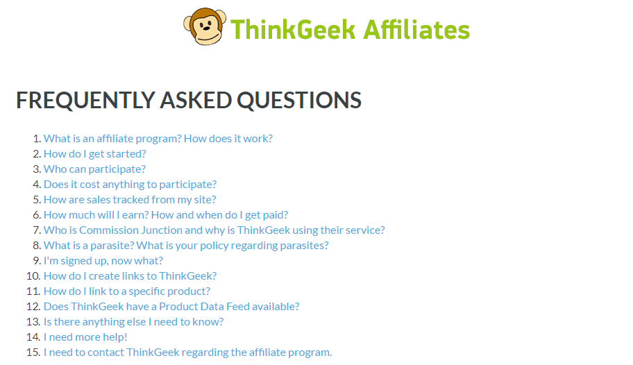 Page FAQ de l'affilié ThinkGeek