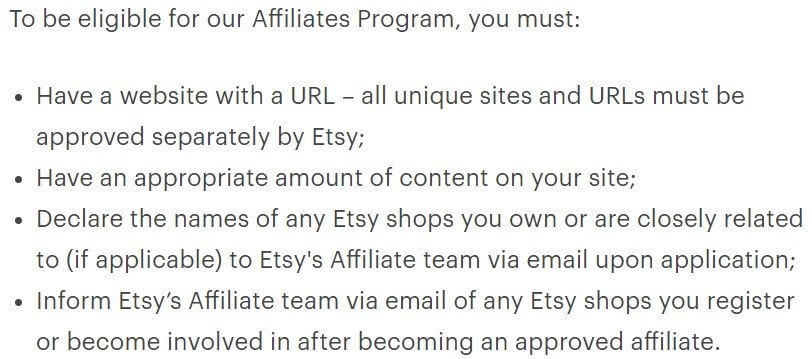 A section of Etsy's affiliate program guidelines