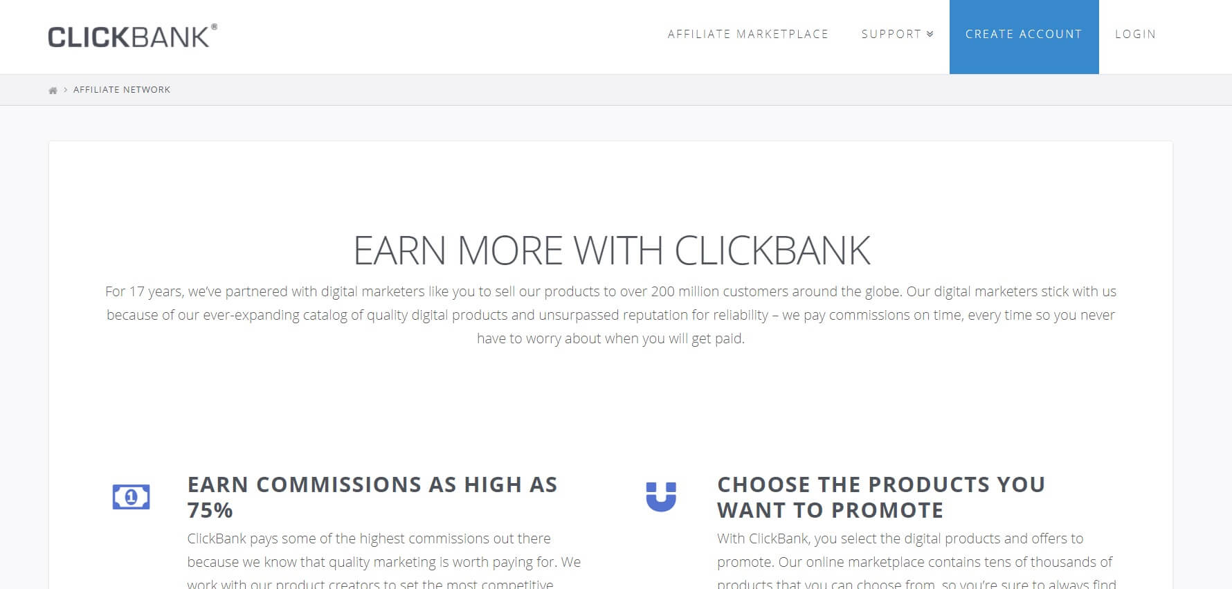 Página de destino de la red de afiliados de ClickBank