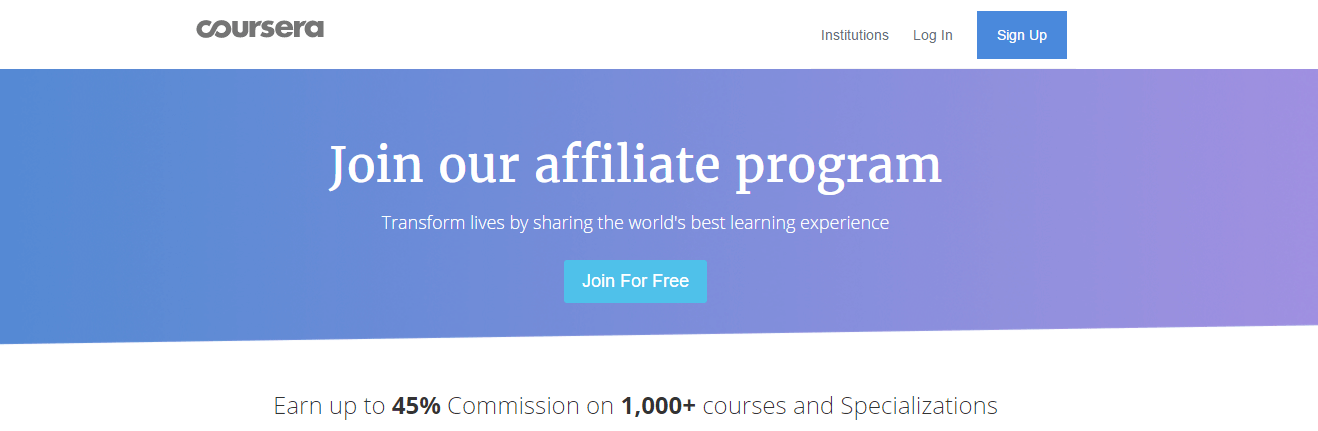 A página de destino de afiliados do Coursera
