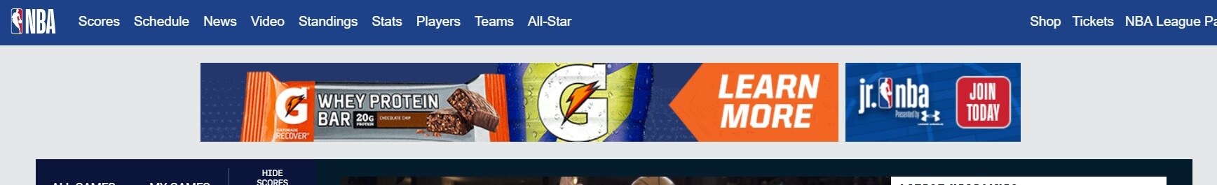 Um exemplo de anúncio de banner na página inicial da NBA