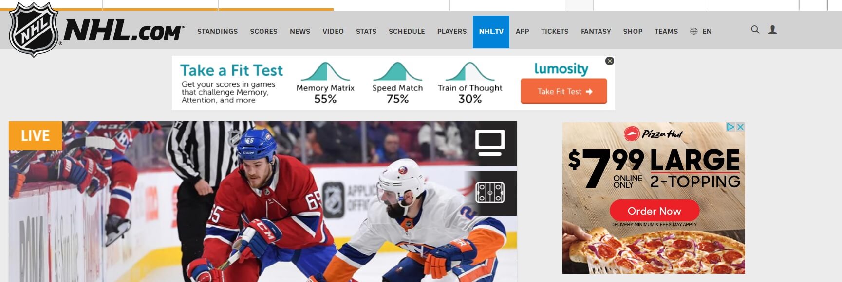 Exemplos de colocações de anúncios em destaque no site da NHL
