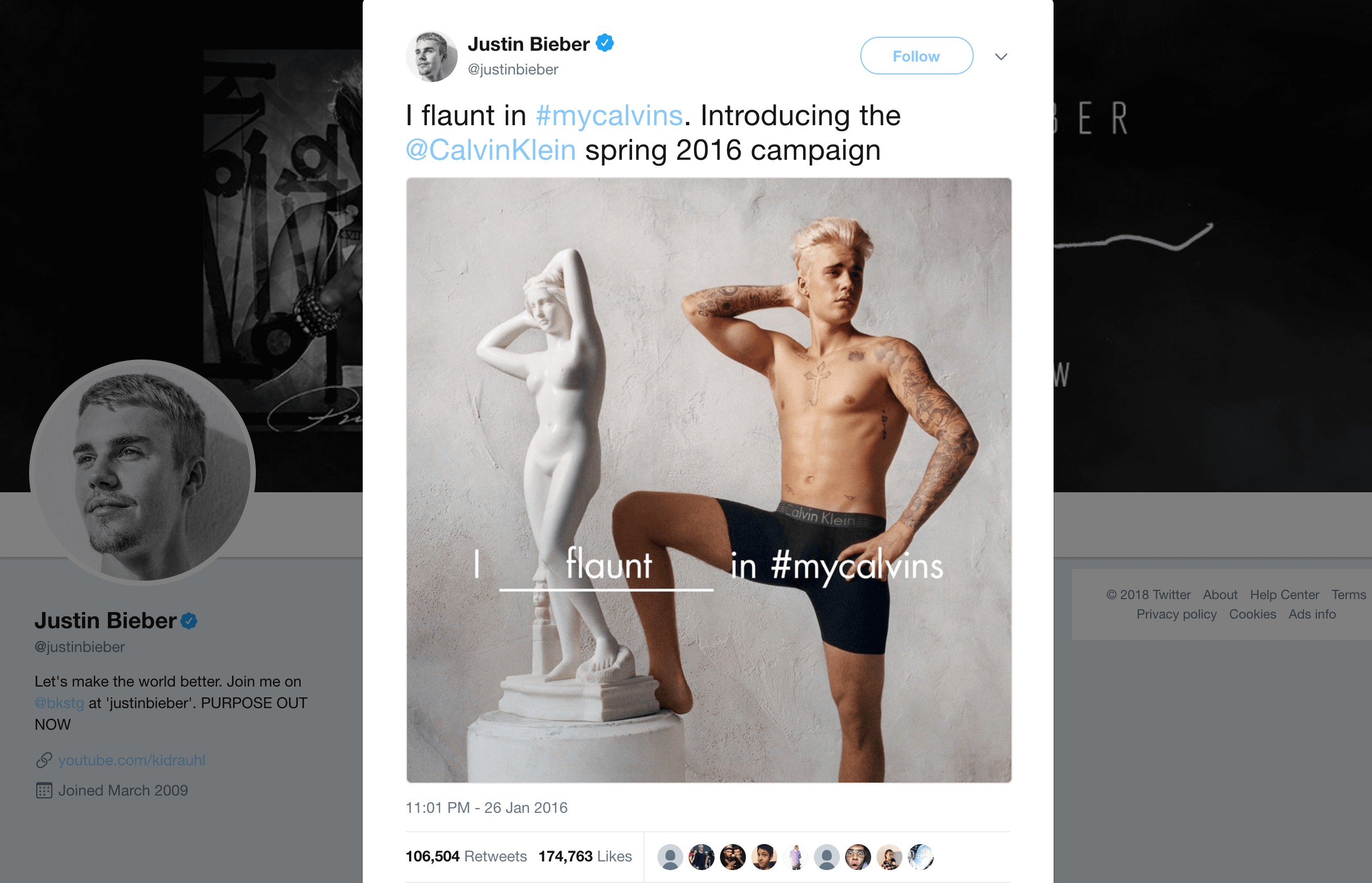 A tweet by Justin Bieber marketing Calvin Klein underwear.