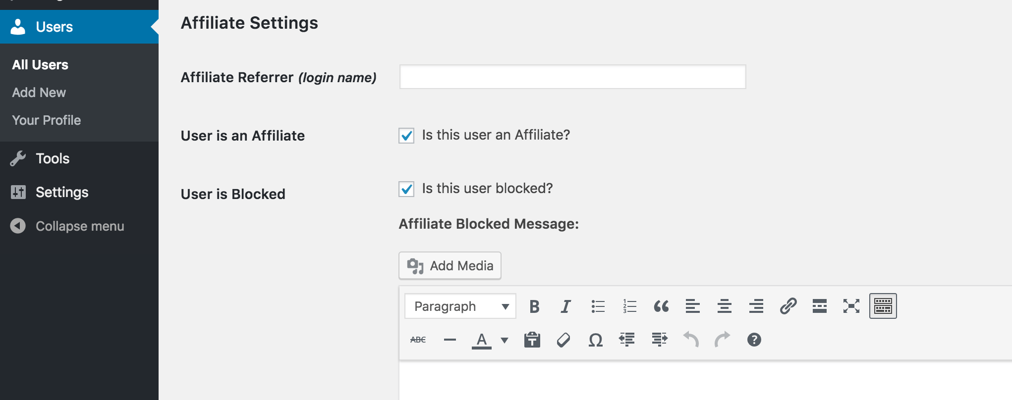 The User is Blocked setting in WordPress.