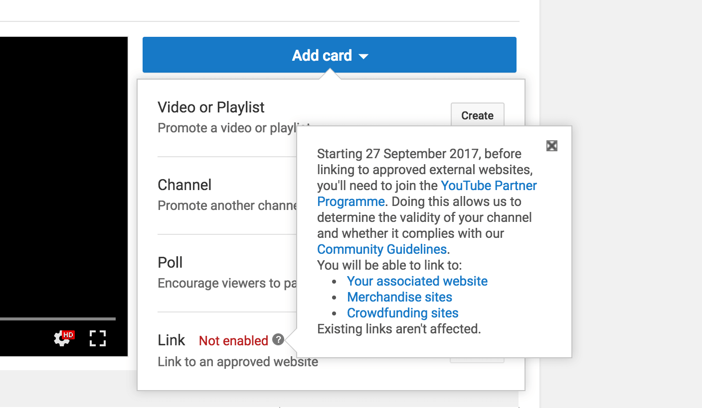 Warnmeldung beim Hinzufügen einer Endkarte, die besagt, dass man ein YouTube-Partner sein muss, um externe Links einzubinden.