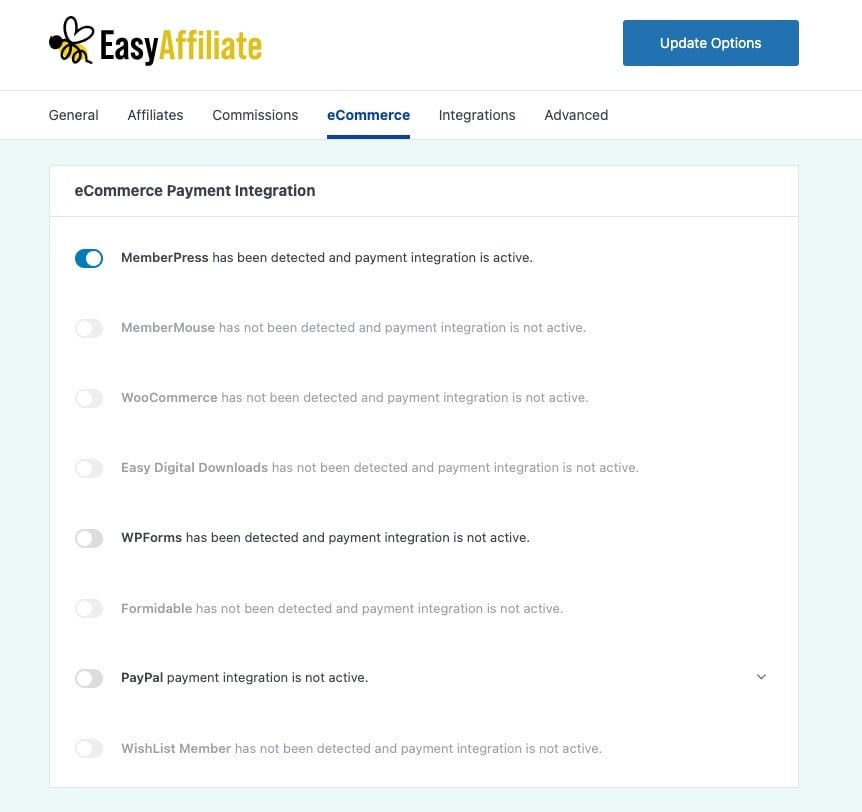 Captura de pantalla de las integraciones de comercio electrónico de Easy Affiliate