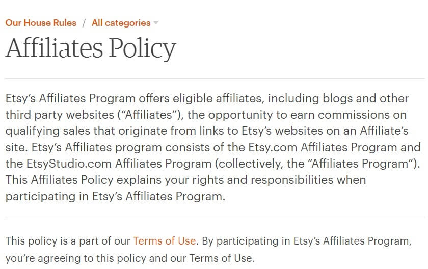 Etsy affiilate policy page