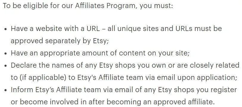 Una sección de las directrices del programa de afiliados de Etsy