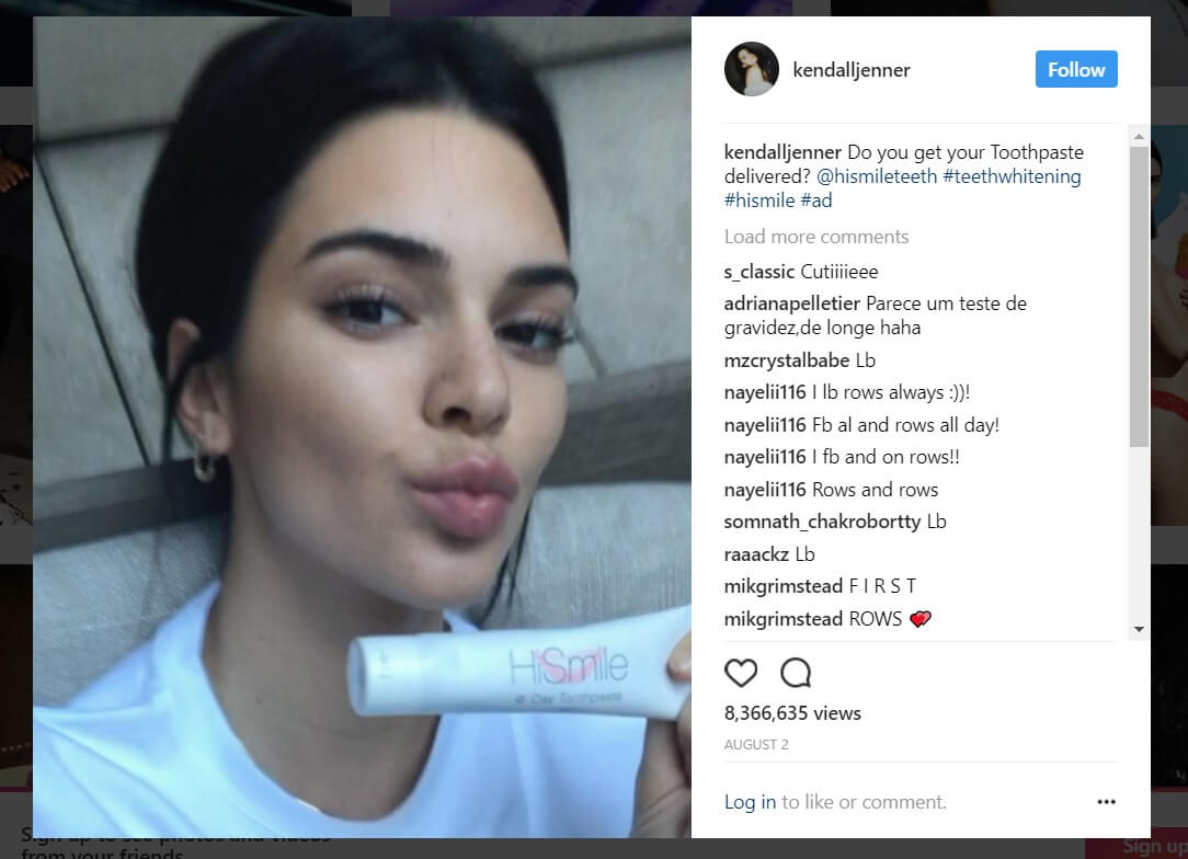 Kendall Jenner instagram post as a brand ambassador