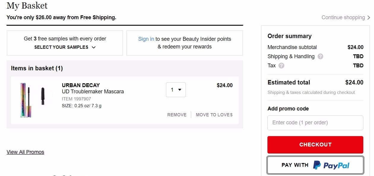 PayPal payment option in Sephora shopping cart