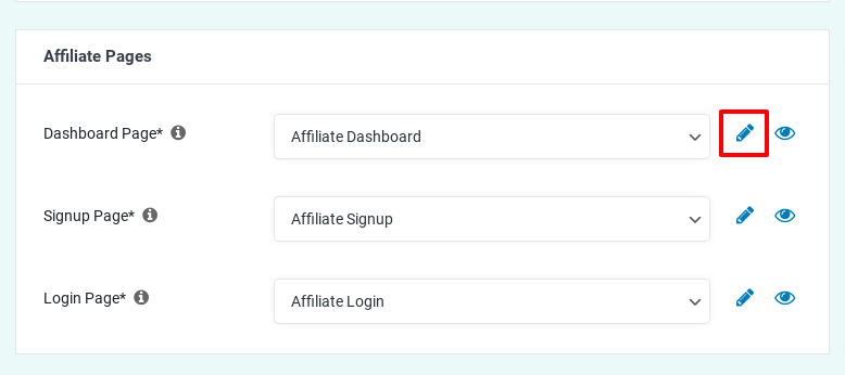 Easy Affiliate affiliate pages edit icon