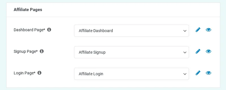 Easy Affiliate affiliate pages settings