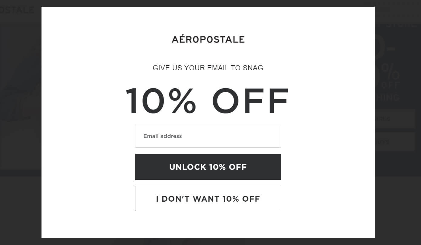 A popup on Aeropostale's website