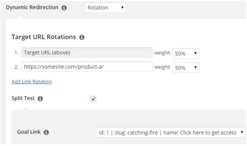 The set up for Pretty Links split testing