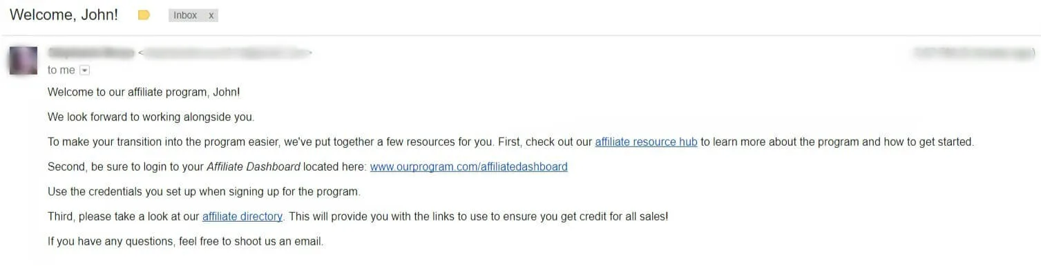 An affiliate program welcome email