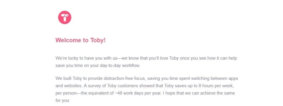A welcome email from Toby