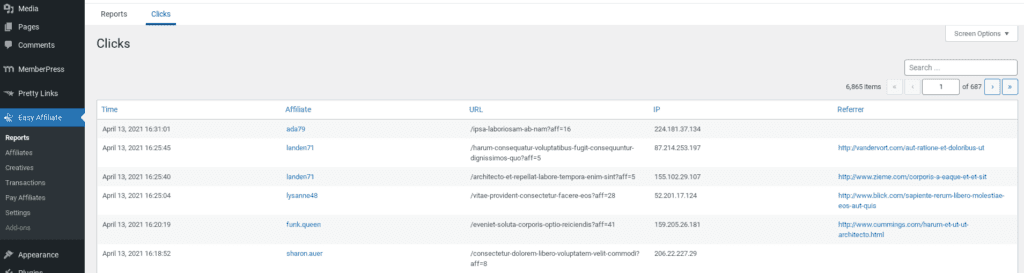 Rapport de clics d'affiliation facile