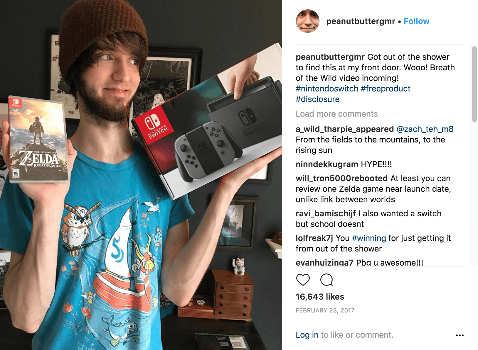 An Instagram post from "Peanut Butter Gamer" marketing the Nintendo Switch console.