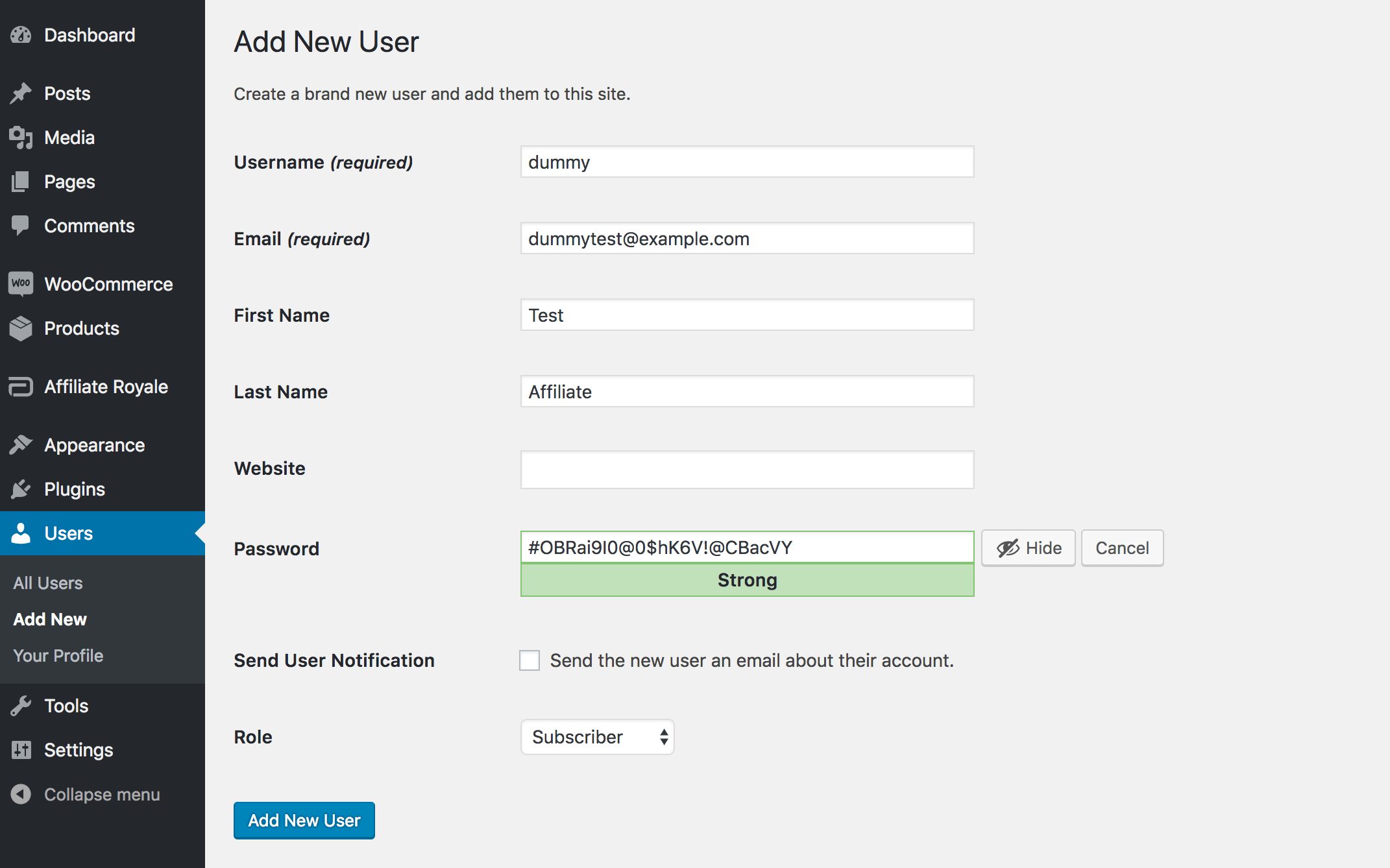 Creating a new Subscriber account in WordPress.