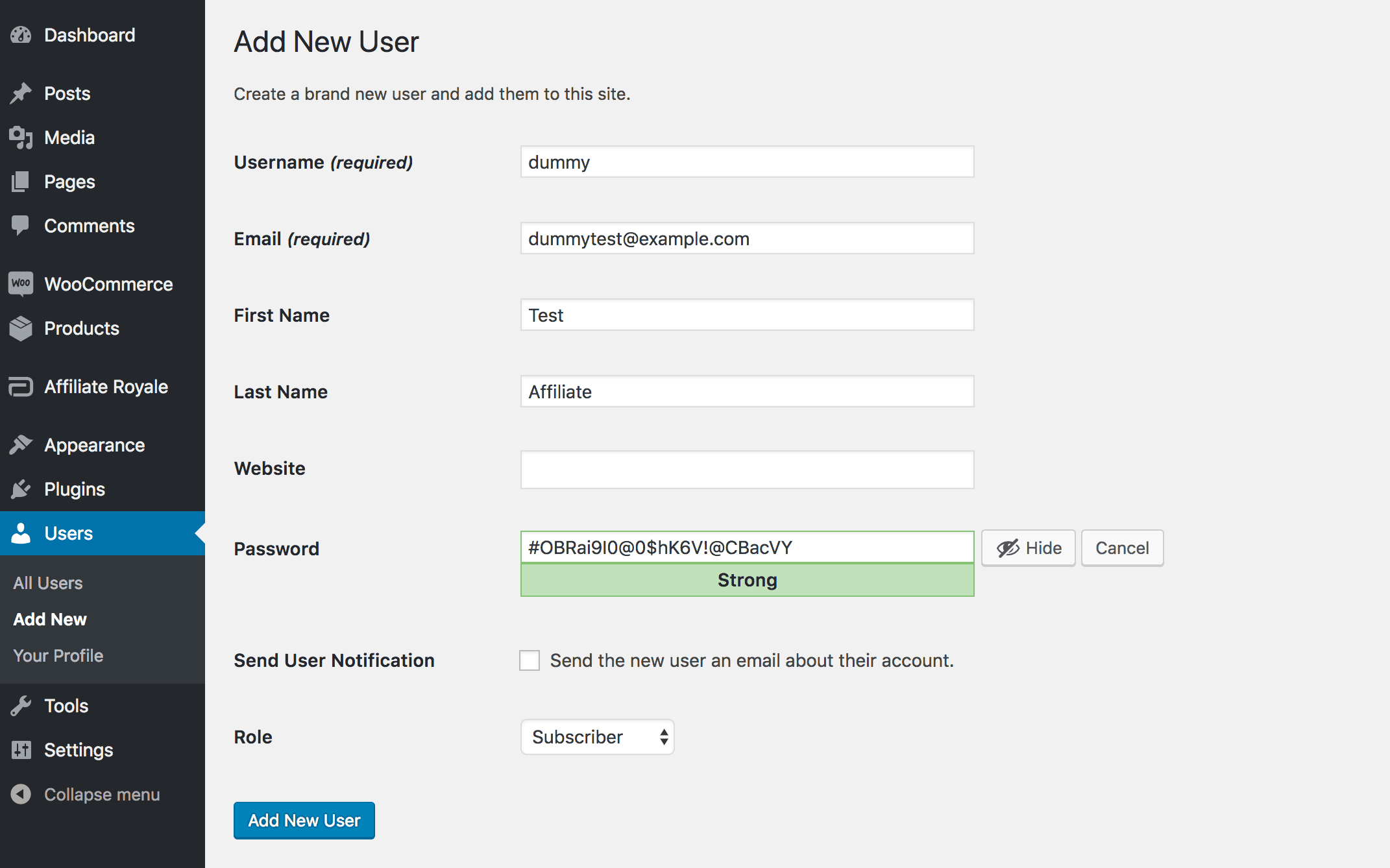 Creating a new Subscriber account in WordPress.