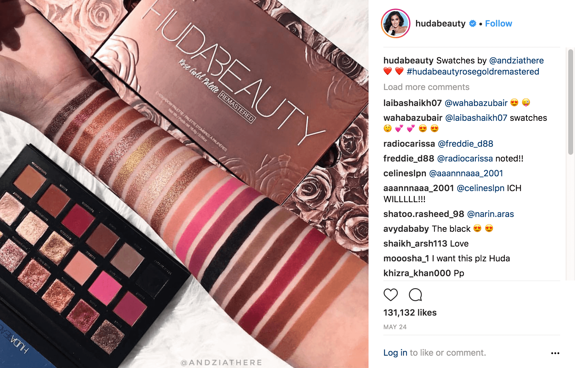 A post made by the Instagram account hudabeauty showing a makeup swatch.