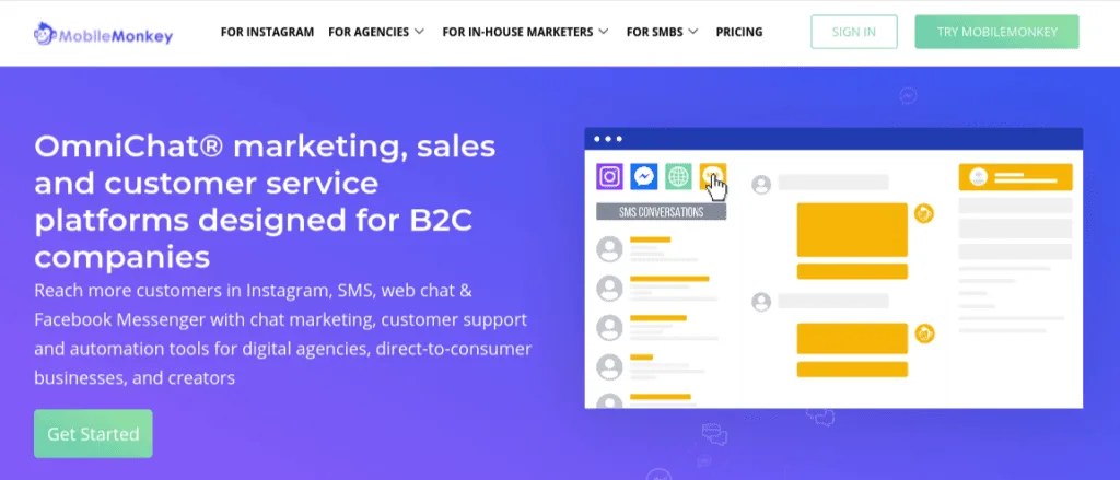 mobilemonkey | Easy Affiliate MobileMonkey chatbot builder homepage