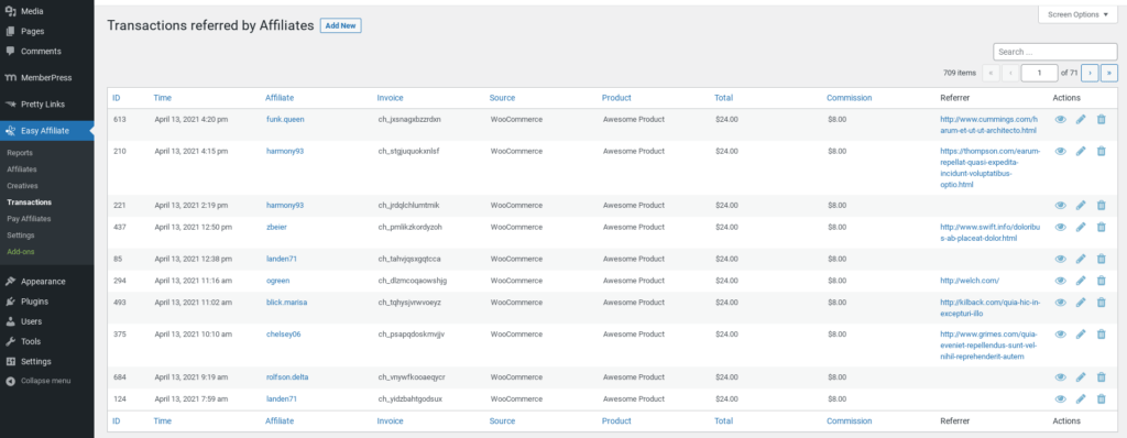 Easy Affiliate admin dashboard transactions page