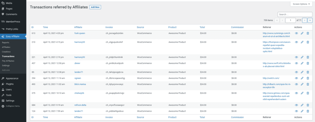 Einfache Affiliate Admin Dashboard Transaktionen Seite