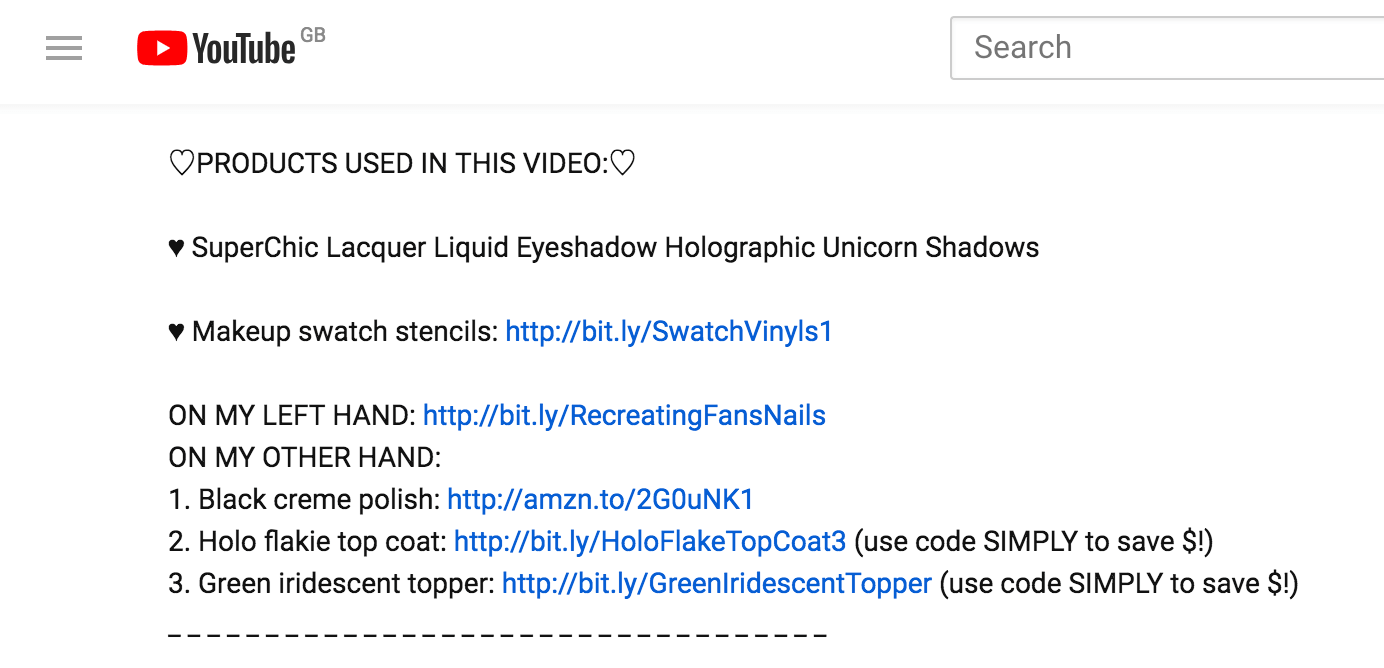 A video description on YouTube featuring a list of affiliate links.