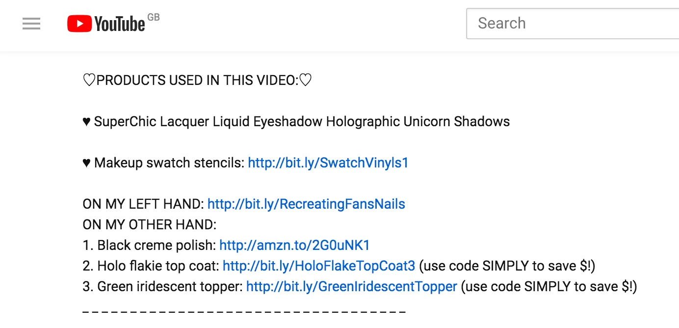 A video description on YouTube featuring a list of affiliate links.