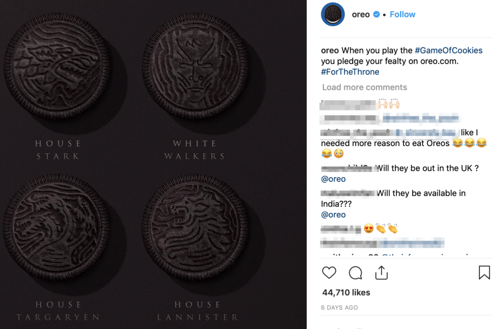 Oreo cookies that have been branded with the different Game of Thrones house sigils. 