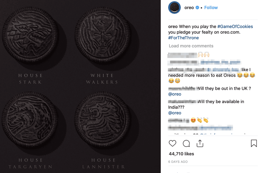 Oreo cookies that have been branded with the different Game of Thrones house sigils. 