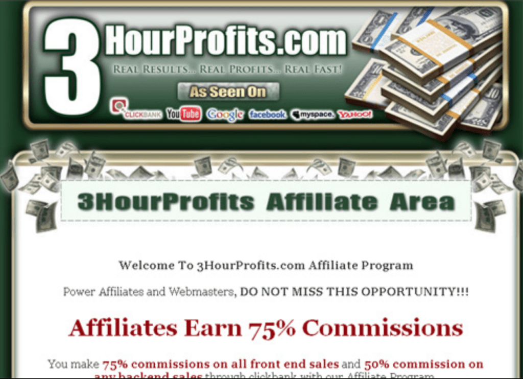 An example of a get rich quick affiliate scheme. In this example, the site claims to offer 75% commission. 