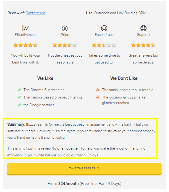 Example of a summary box in a product review.