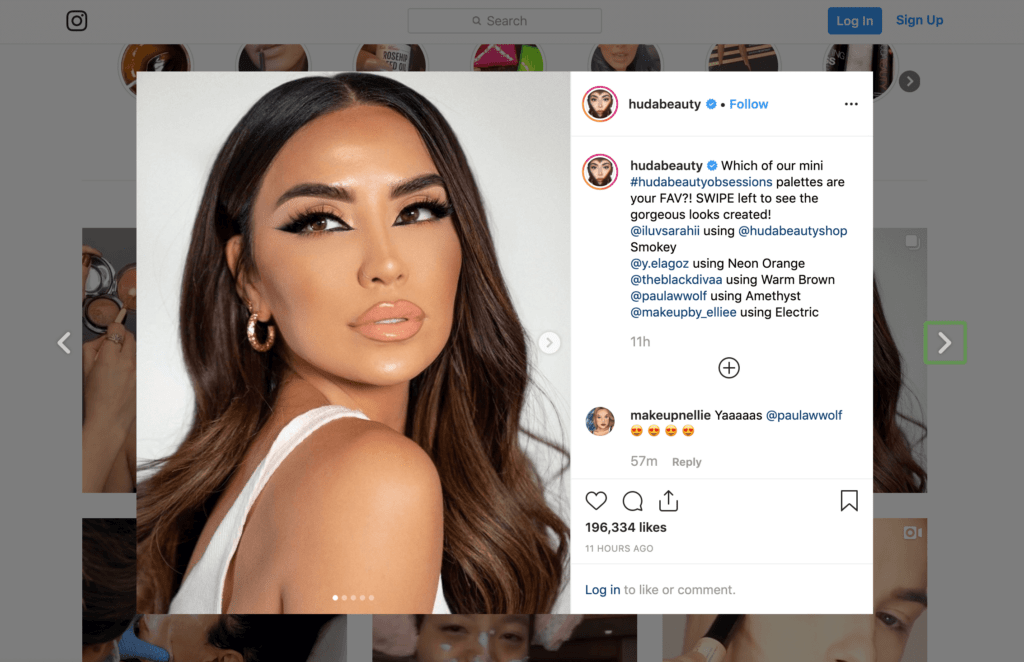 The Huda Beauty Instagram account, which promotes Huda Kattan's own makeup line in addition to other products.