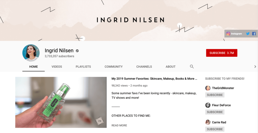 A YouTube video from influencer Ingrid Nilsen.