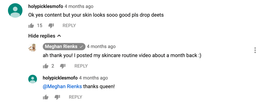 A comment on a YouTube video with a reply from influencer Meghan Rienks.