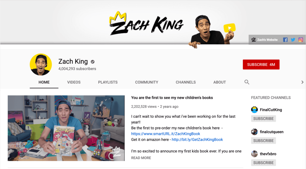 Zach King's YouTube account, with a video promoting his upcoming book.