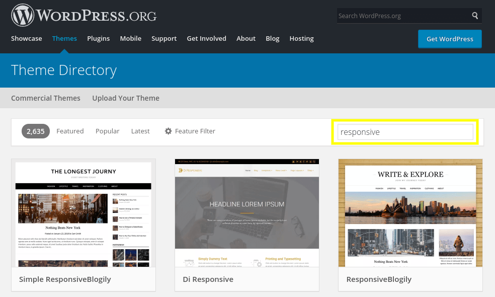 Searching for responsive themes in the WordPress Directory.