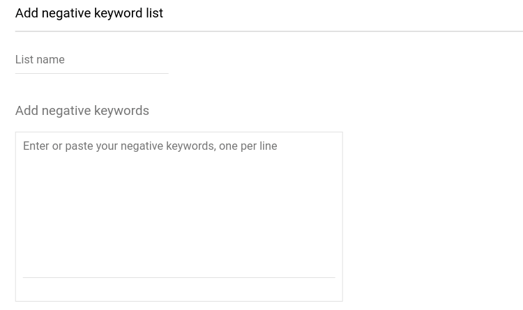 Entry fields to add negative keyword list on Google AdWord campaign.