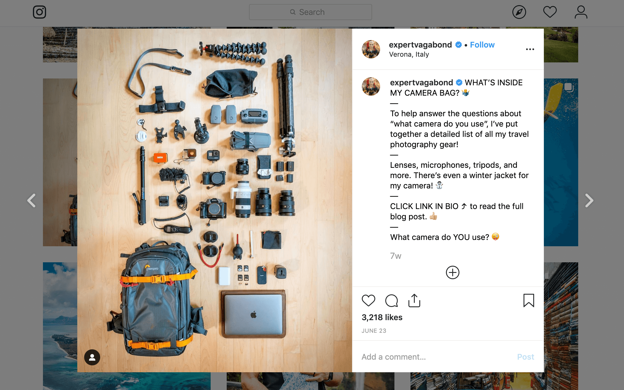 An example of an Instagram post on photography equipment.