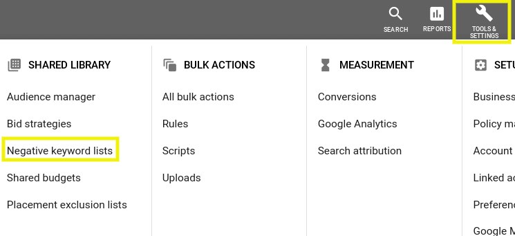 Google AdWords tools and settings menu options.