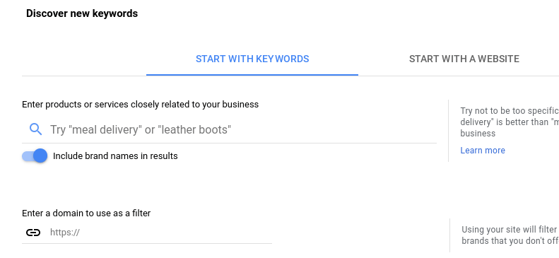 The Google Keyword Planner tool.