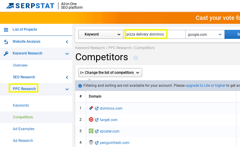 Résultats de l'analyse des concurrents de Serpstat.