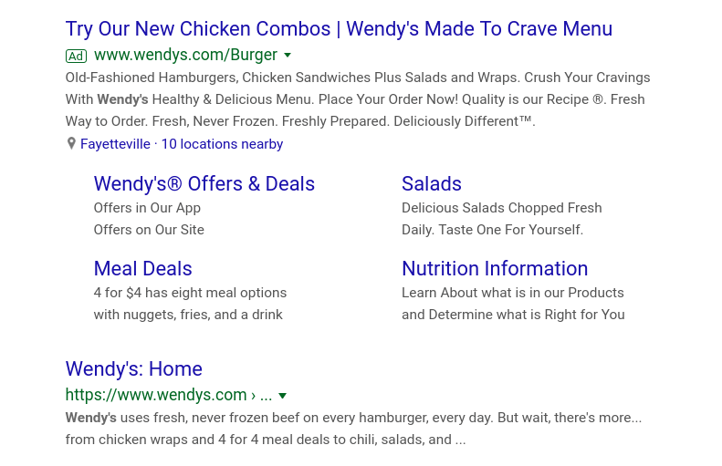 Search results for Wendy's showing both paid and organic listings.