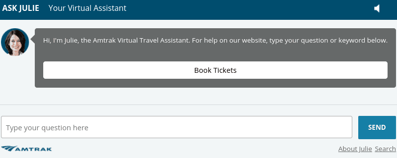 Amtrak virtual assistant chatbot.