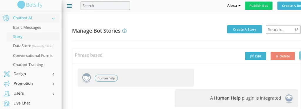 botsify-chatbot-story | Easy Affiliate Botsify Story settings on dashboard.
