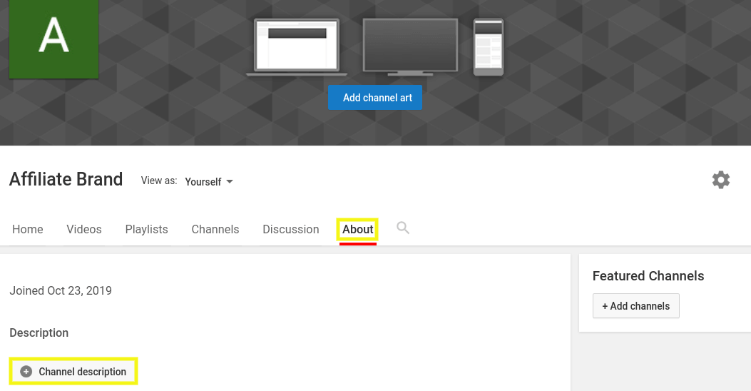The About settings on the YouTube channel dashboard.