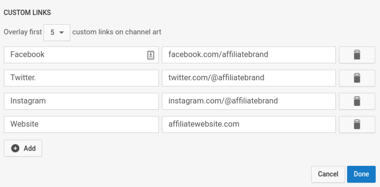 Section to add Custom Links on YouTube channel.