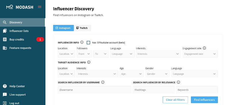 Modash Influencer Discovery dashboard.